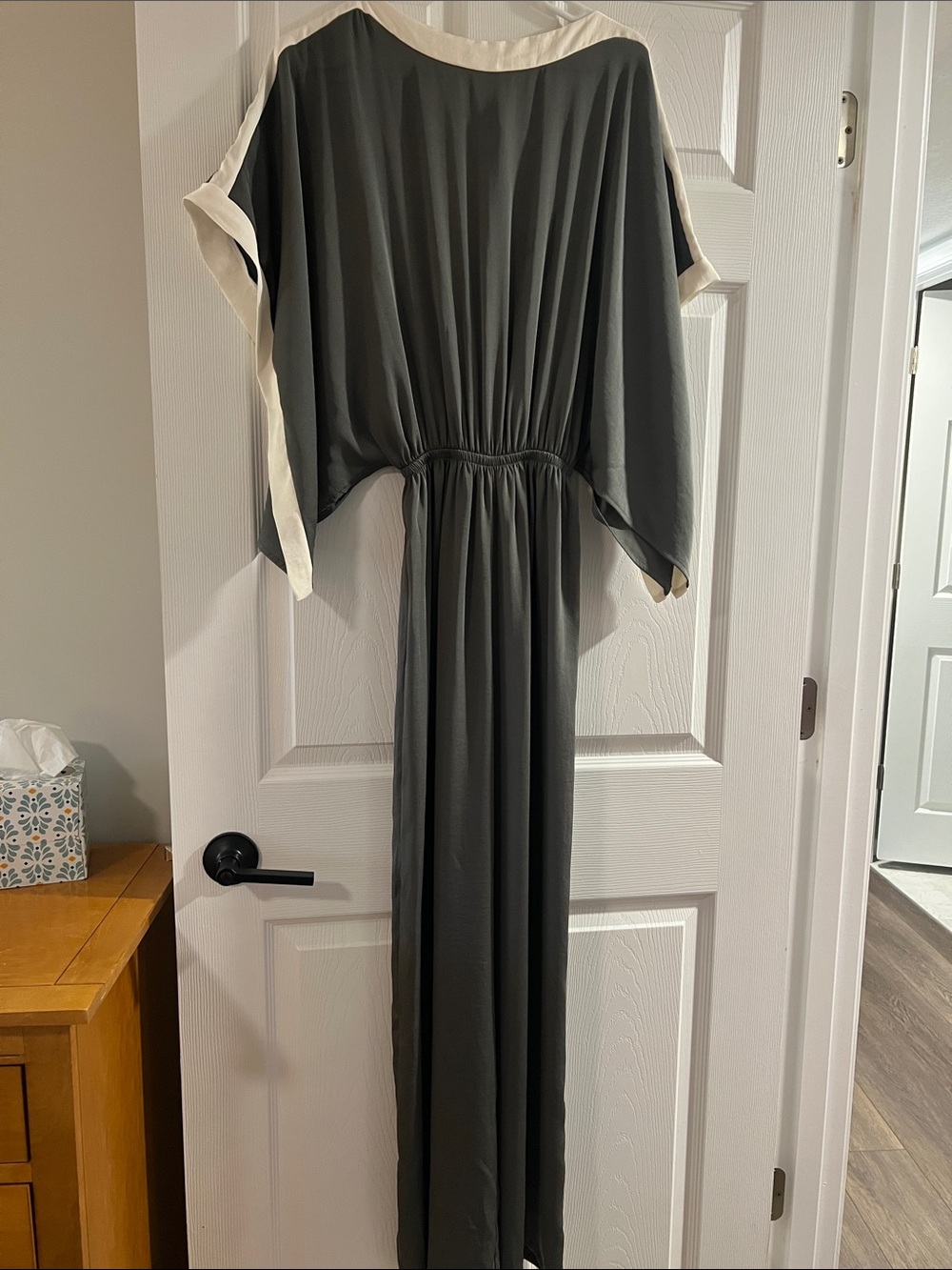 Gray and Cream Long Flowing Women's Jumpsuit.